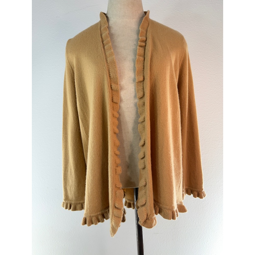 Y2K Tyler Boe 100% Cashmere Ruffle Trim Cardigan Tan Open Front Casual Chic